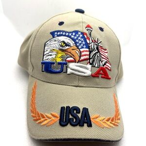 Patriotic USA Embroidered Bald Eagle Embroidered Beige Baseball Hat Cap